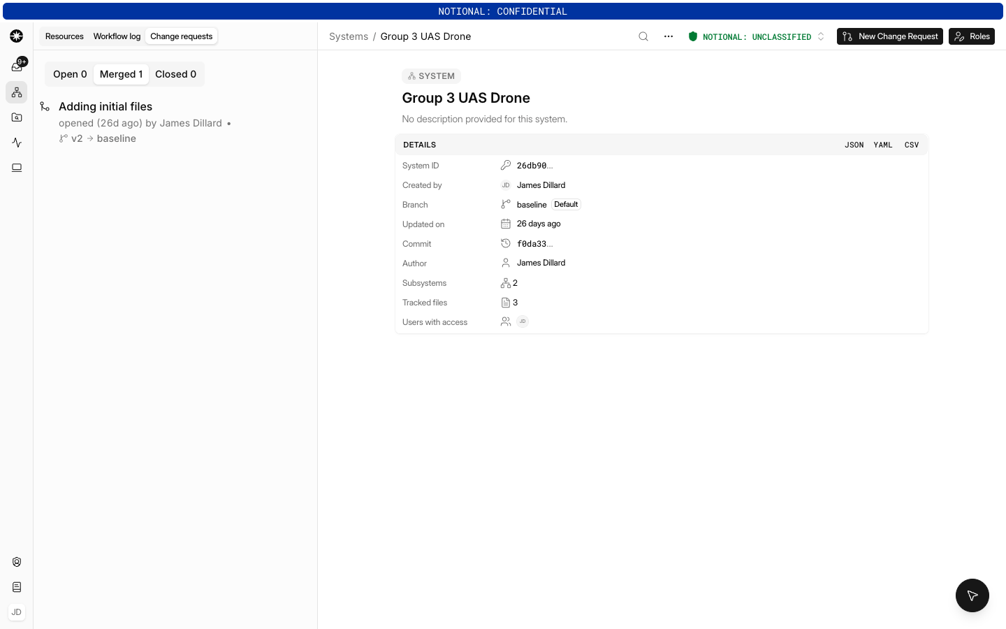 The change request list, showing each request's source and target branches