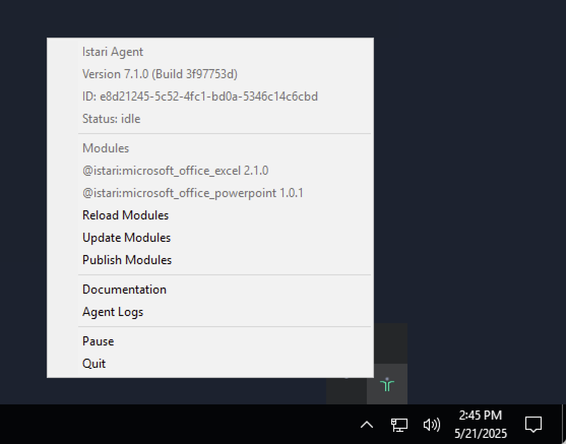 The Istari Digital agent menu
